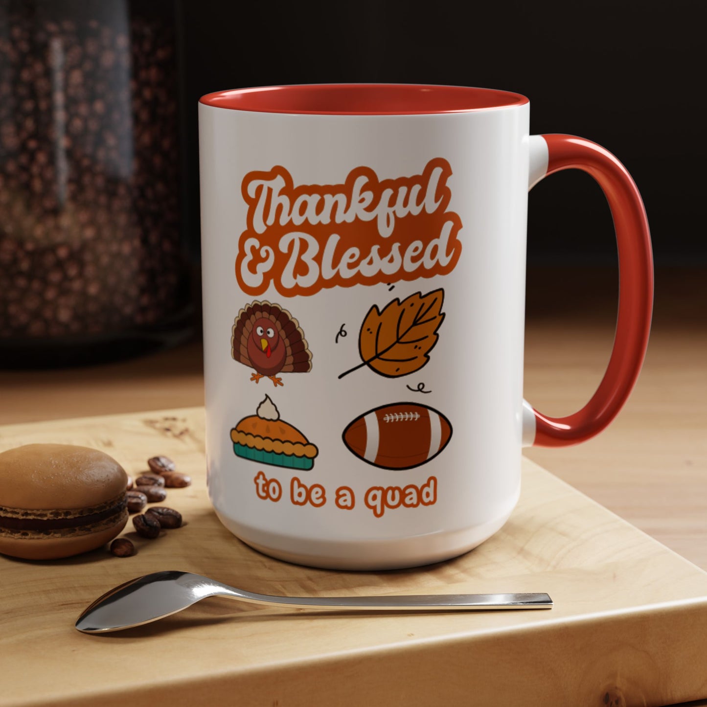 Thankful & Blessed Thanksgiving Coffee Mug — Cute Turkey, Pie & Football Accent Mug (11/15 oz)