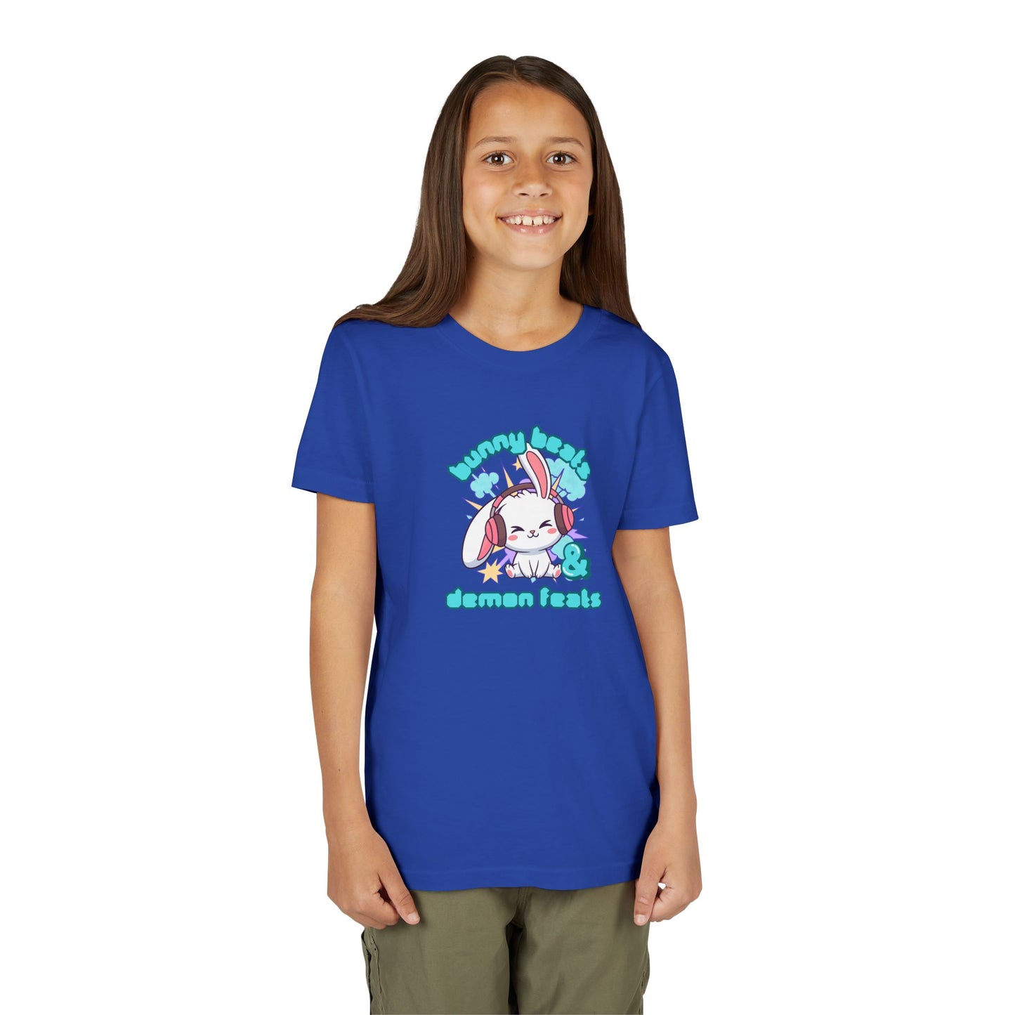 Cute Easter Bunny Headphones Graphic Tee for Young Adults- "Bunny Beats and Demon Feats" Anime K-pop Shirt
