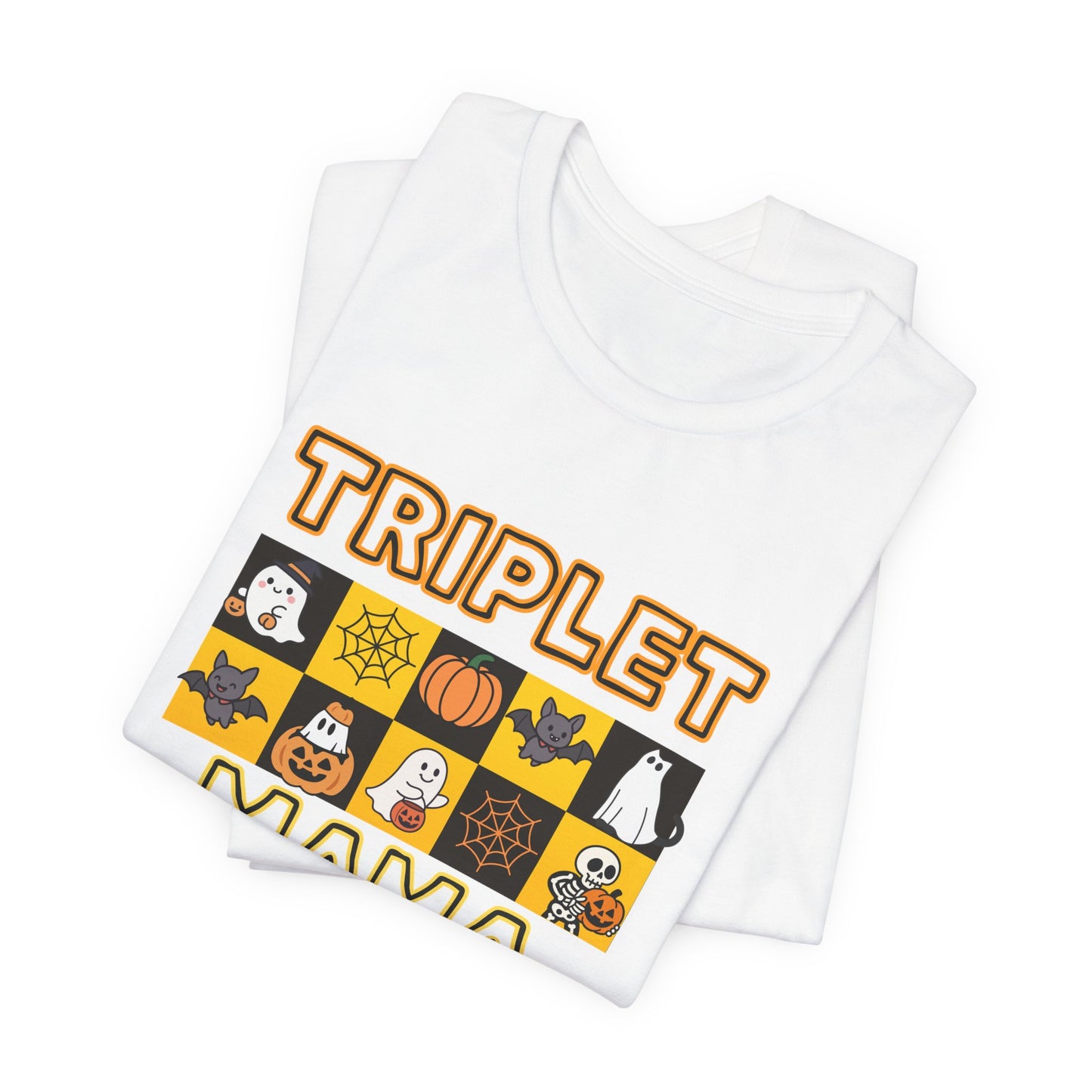 Triplet Mama Halloween Tee — Cute Spooky Mom Shirt with Ghosts & Pumpkins