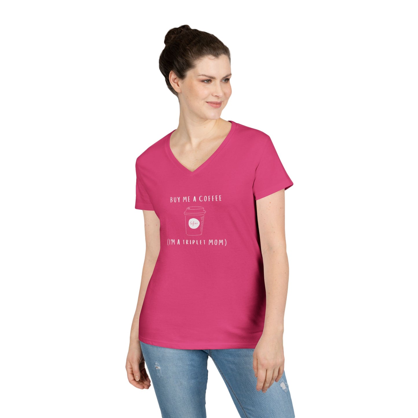 Triplet Mom Outfit- V-Neck T-Shirt - Buy Me a Coffee, I'm a triplet mom- funny t-shirt