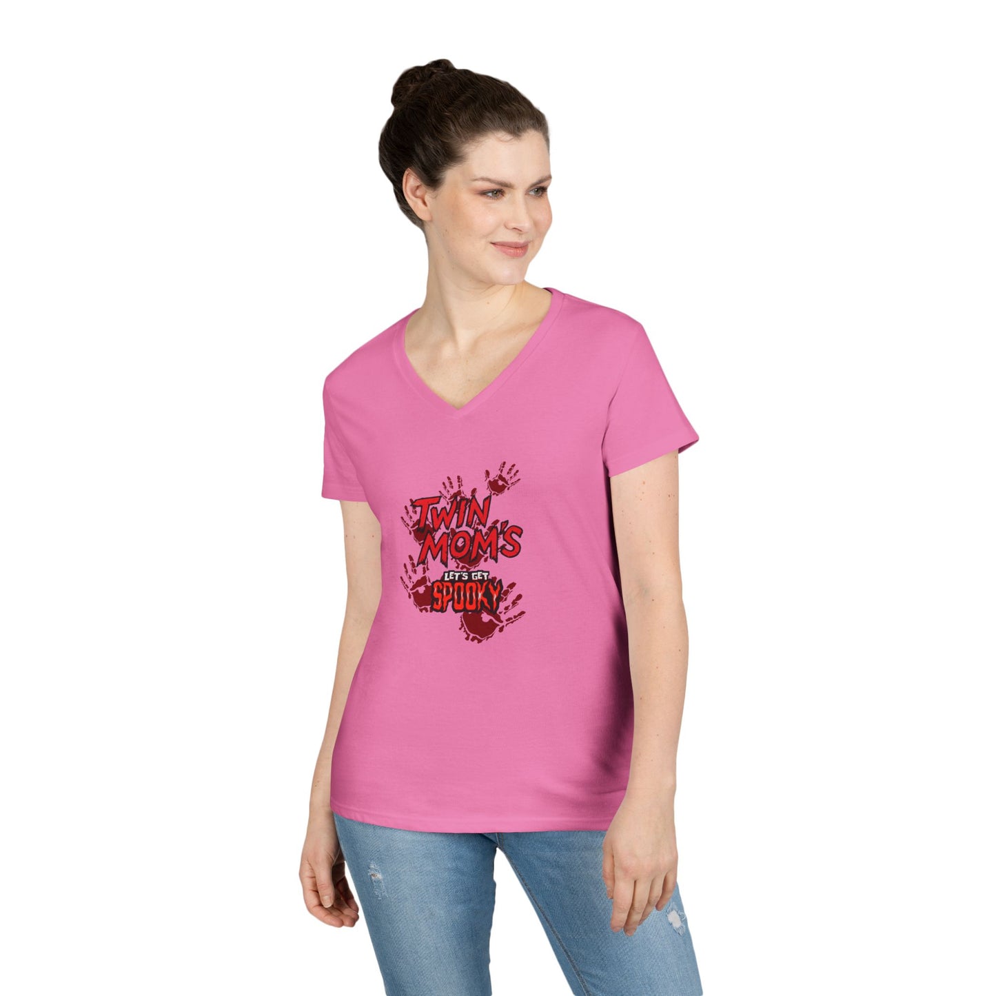 Twin Moms Get Spooky V-Neck Tee — Halloween Graphic T-Shirt for Twin Moms