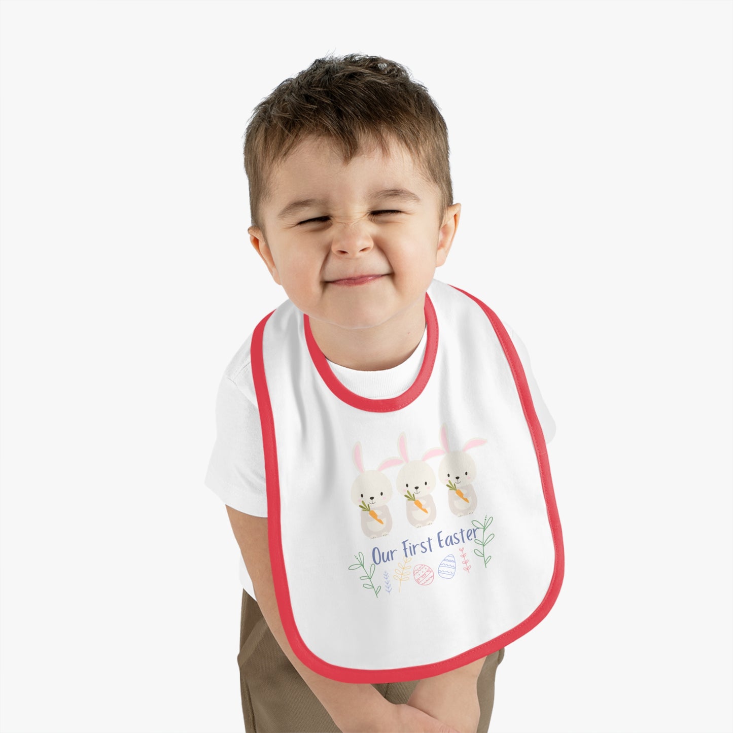 Our First Easter Triplet Baby Bib - Adorable Contrast Trim Jersey Bib for Special Celebrations