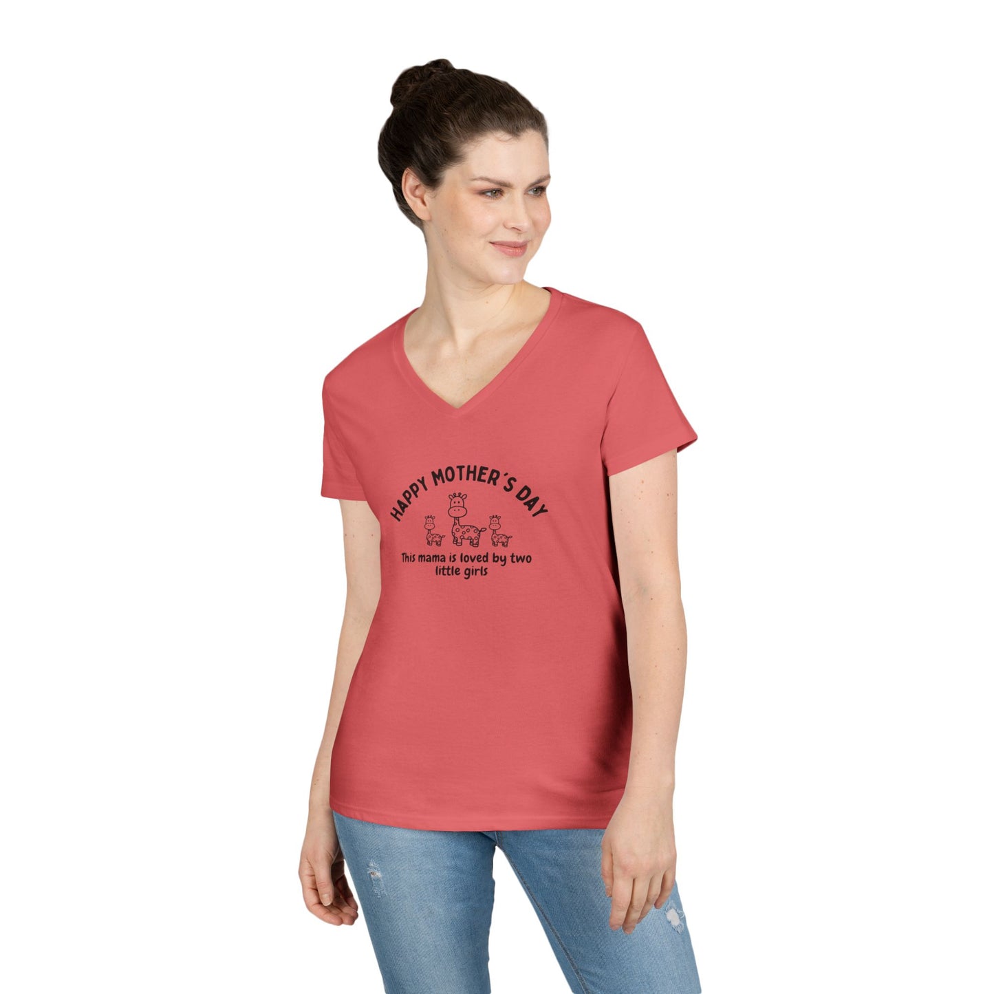 "Happy Mother's Day- This Mama is loved by two little girls"- V-Neck T-Shirt for Twin Girl Mamas