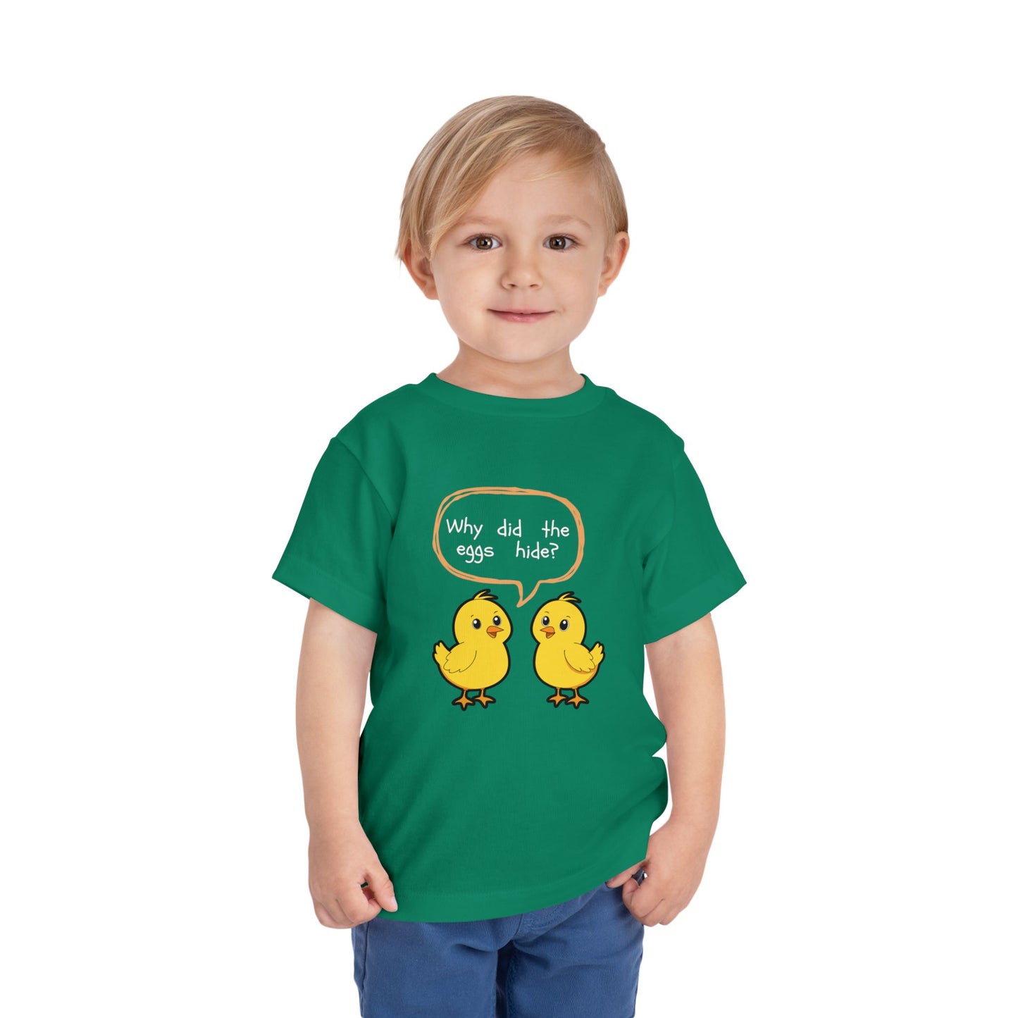 Toddler Tee — Cute Chick Joke “Why did the eggs hide?” Easter Kids Shirt