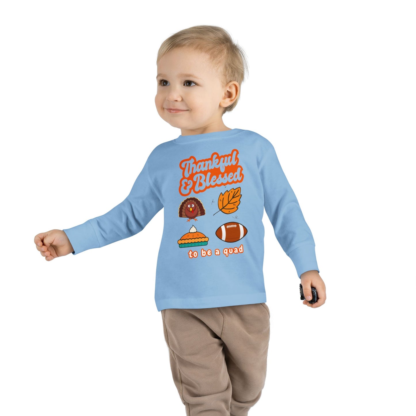 Quadruplet Long Sleeve Tee — "Thankful & Blessed" Thanksgiving Turkey Football Pie Fall Shirt