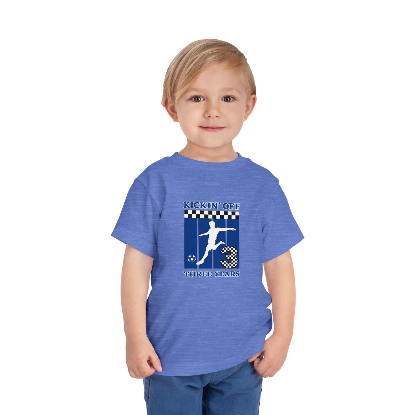 Kickin' Off Three Years Toddler Boy Tee — Soccer Third Birthday Shirt