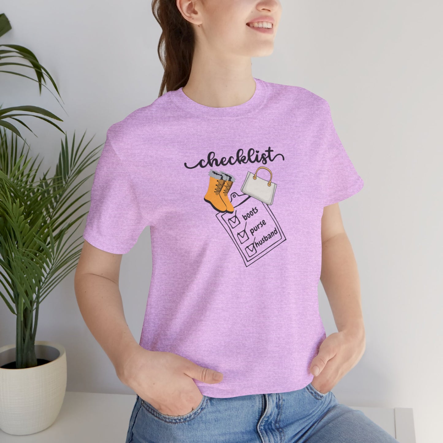 Wife Joke Checklist Tee - 'Checklist: Boots, Purse, Husband' Graphic T-Shirt Christmas Gift