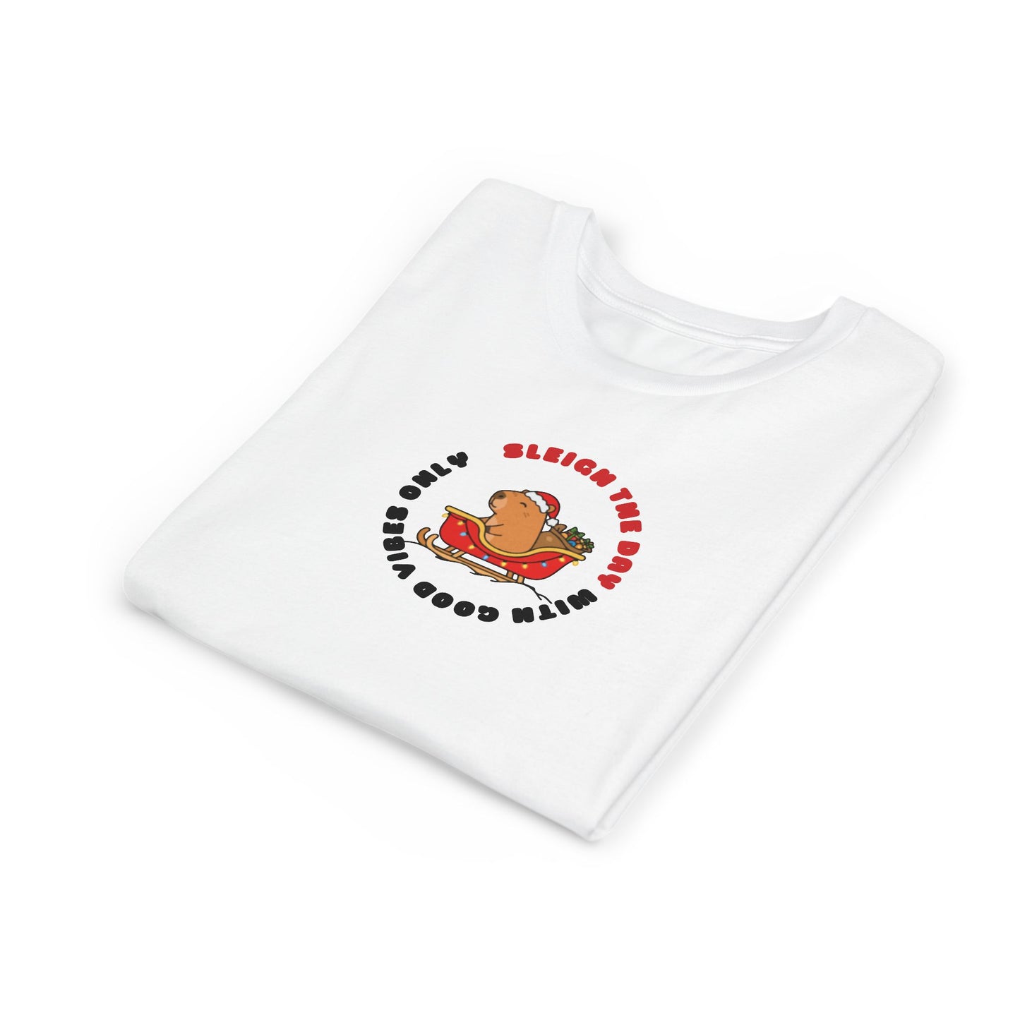 Youth Tee — 'Sleigh The Day' Capybara on Sled Christmas Shirt