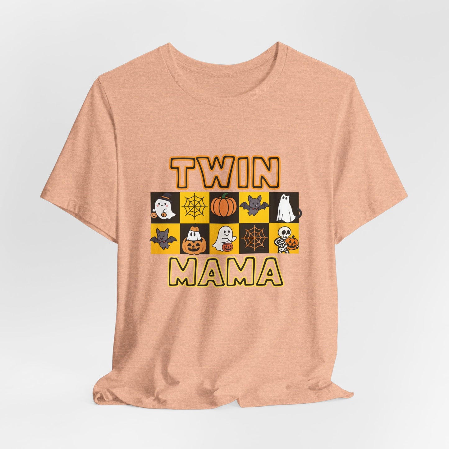 Twin Mama Halloween Tee – Cute Spooky Checkerboard Shirt for Twin Moms