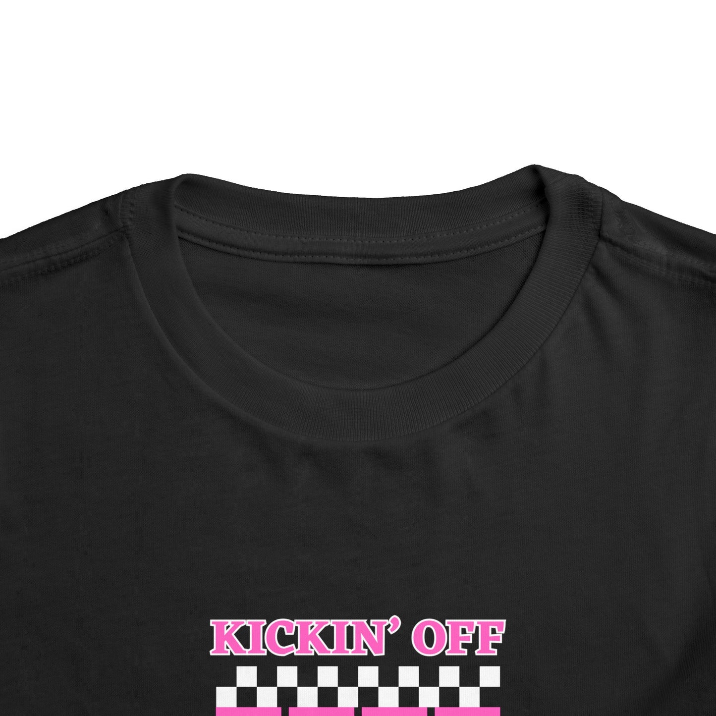 Toddler Girls Soccer Third Birthday Tee — "Kickin' Off Three Years" Pink
