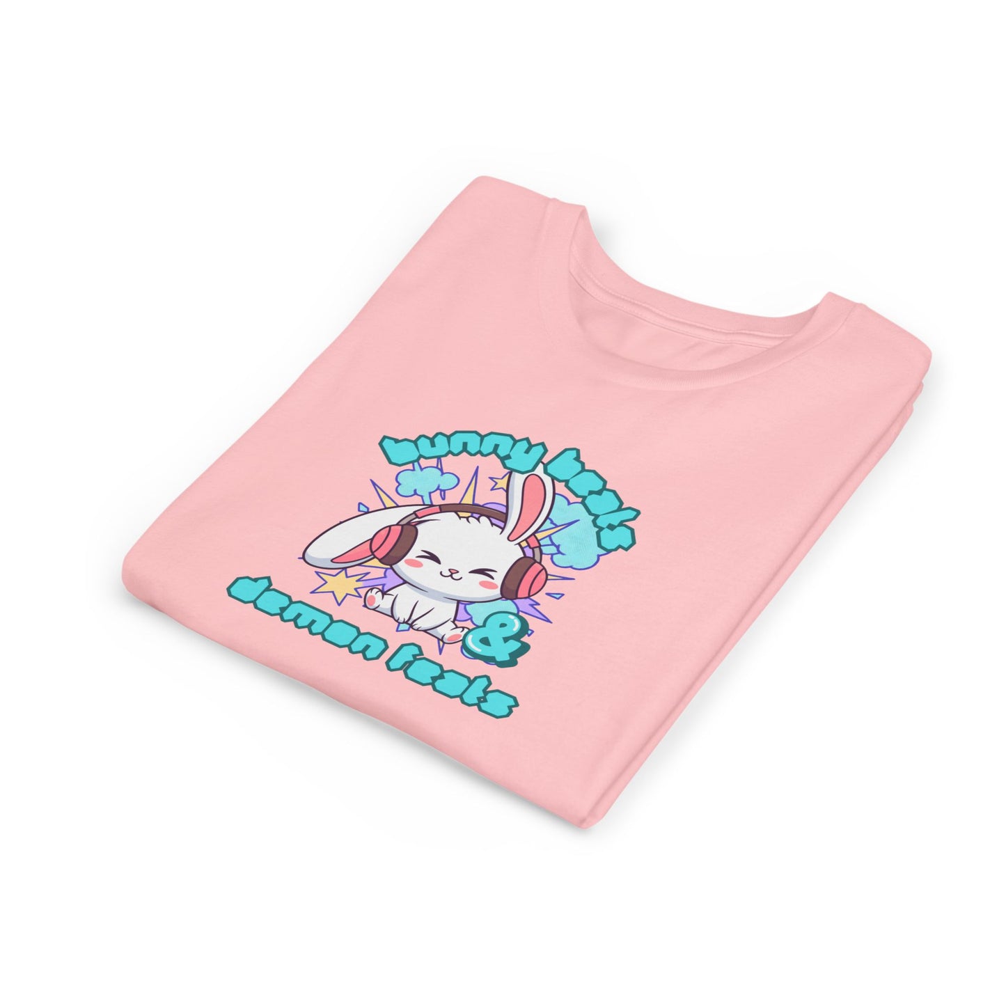 Cute Easter Bunny Headphones Graphic Tee for Young Adults- "Bunny Beats and Demon Feats" Anime K-pop Shirt