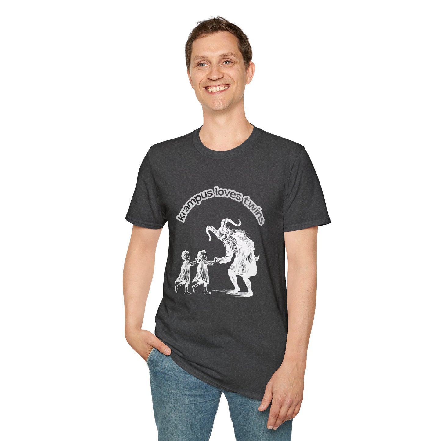 Krampus Loves Twins- Horror Theme Twin Parent Shirt — Funny Gothic Holiday Tee