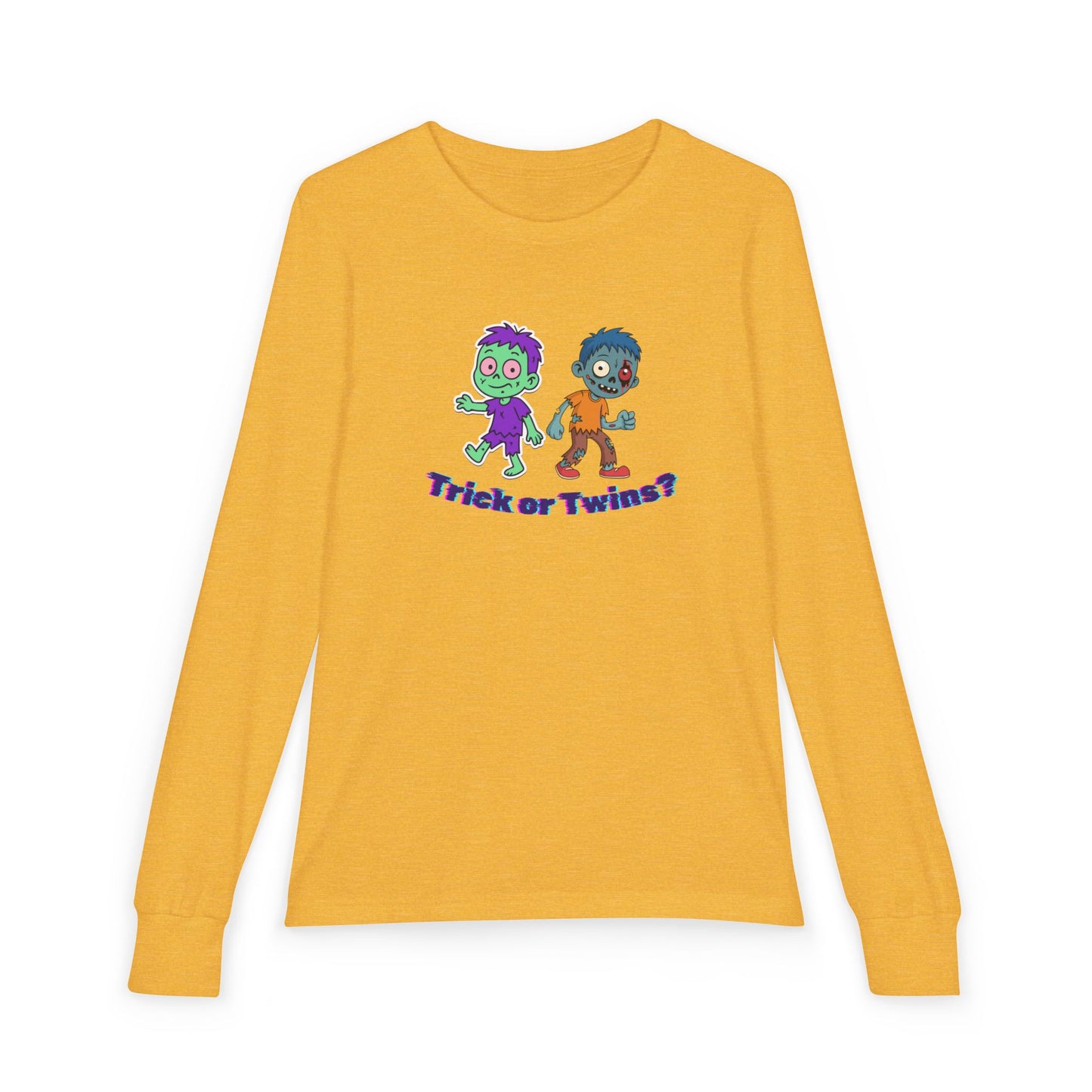 Youth Long Sleeve Tee — "Trick or Twins?" Cute Halloween Twin Zombie Graphic