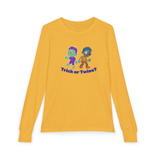 Youth Long Sleeve Tee — "Trick or Twins?" Cute Halloween Twin Zombie Graphic