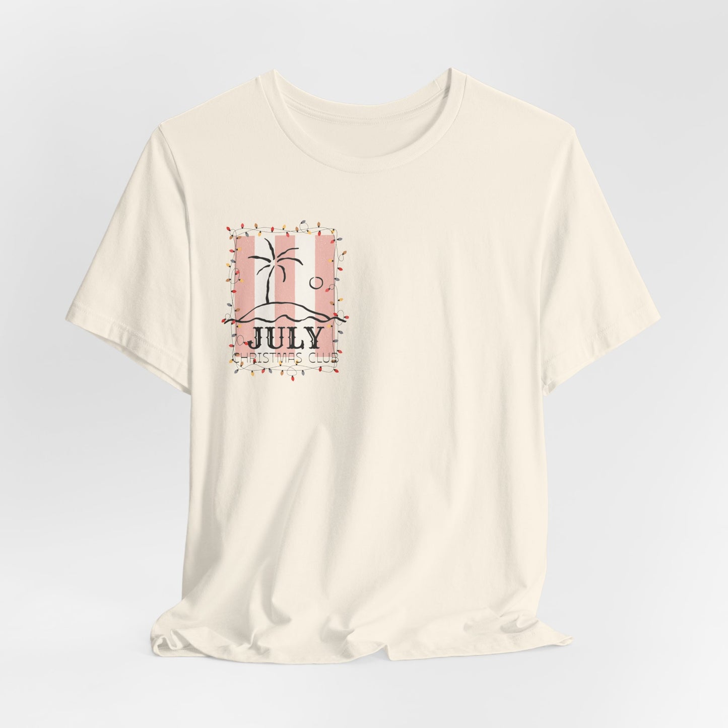 July Christmas Club — Tropical Palm & Holiday Lights Beach Shirt- FRONT AND BACK DESIGN