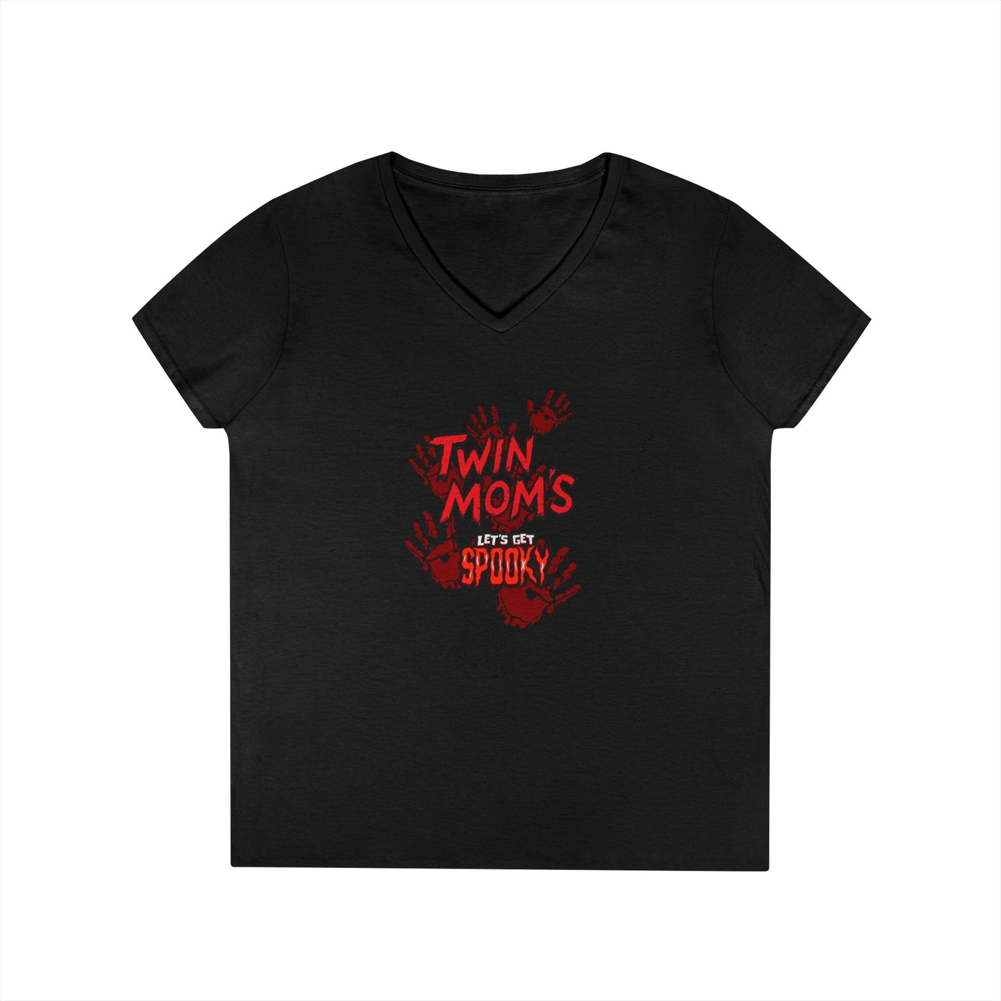 Twin Moms Get Spooky V-Neck Tee — Halloween Graphic T-Shirt for Twin Moms