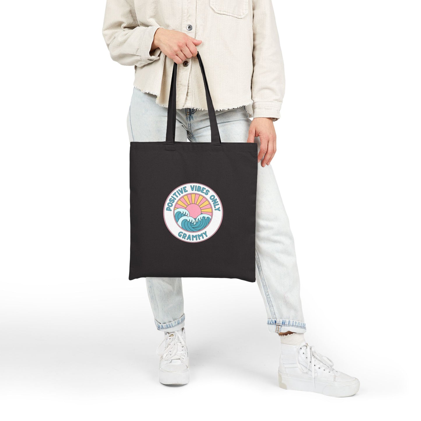 Grammy-Positive Vibes Only – Vintage Sunset Wave Canvas Shopper