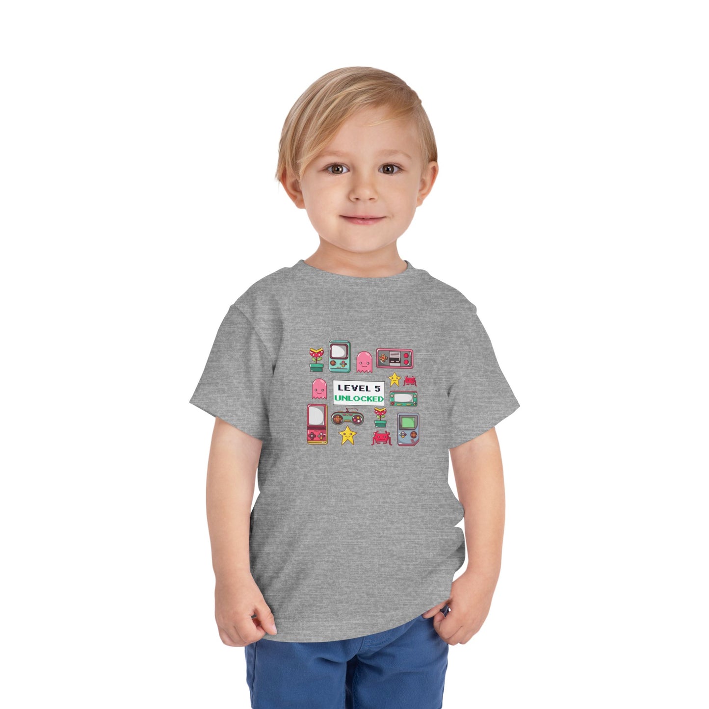 5th Birthday Tee — "Level 5 Unlocked" Retro Game Icons