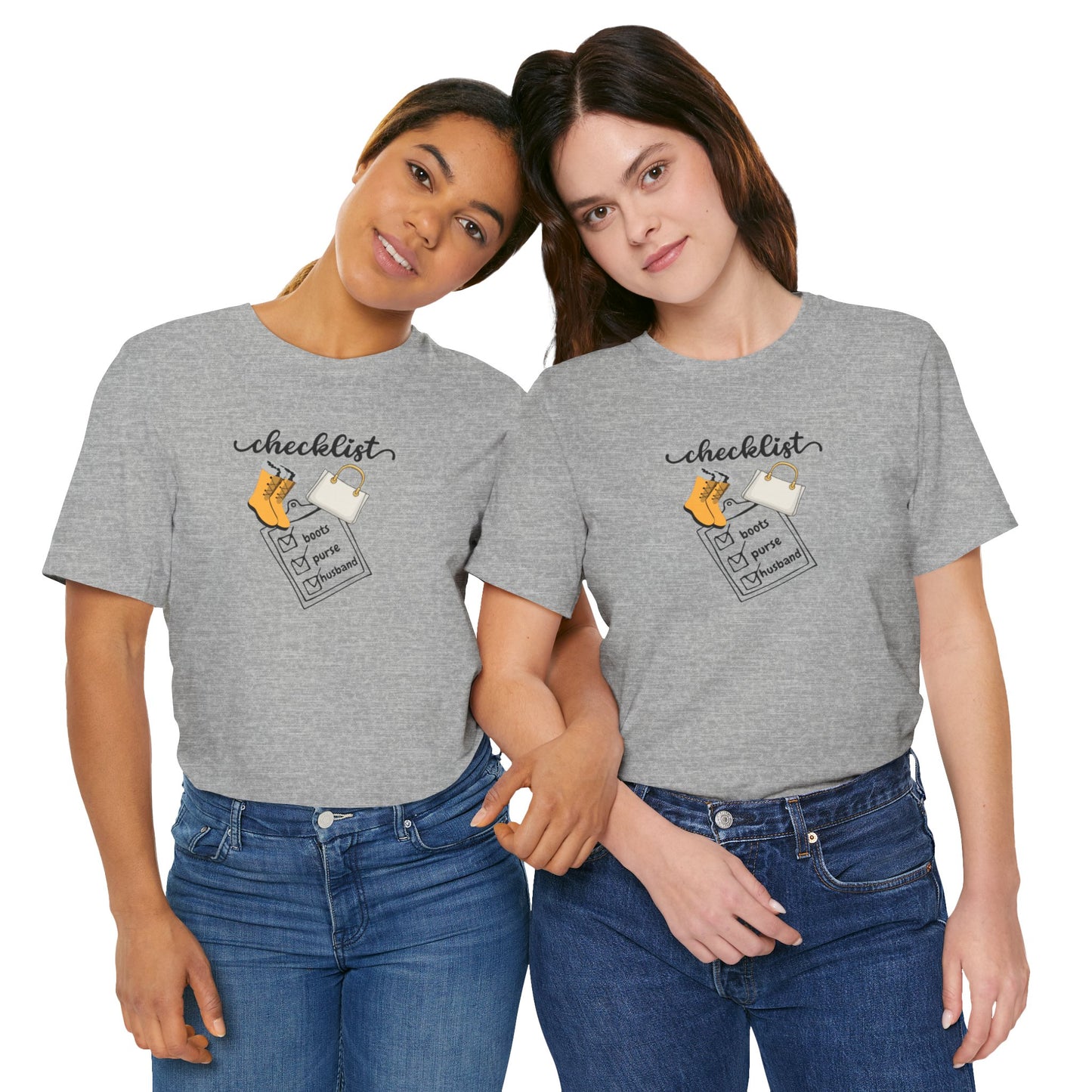 Wife Joke Checklist Tee - 'Checklist: Boots, Purse, Husband' Graphic T-Shirt Christmas Gift