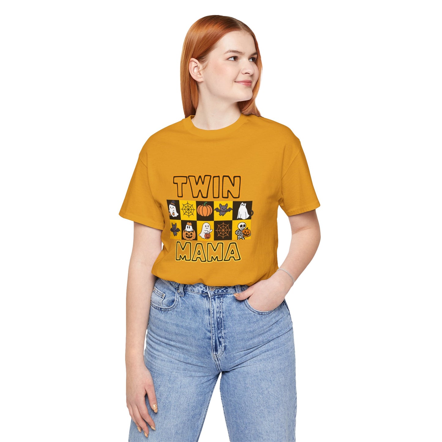 Twin Mama Halloween Tee – Cute Spooky Checkerboard Shirt for Twin Moms