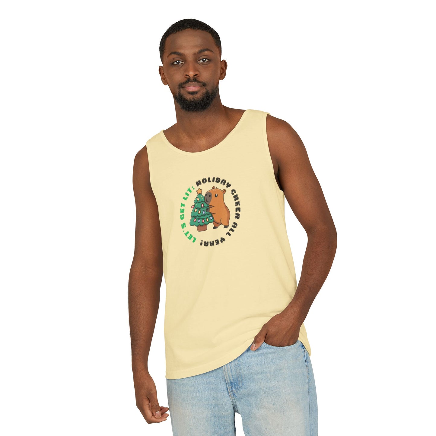 Unisex Holiday Cheer Tank Top — "Get Lit" Christmas Tree & Capybara Graphic