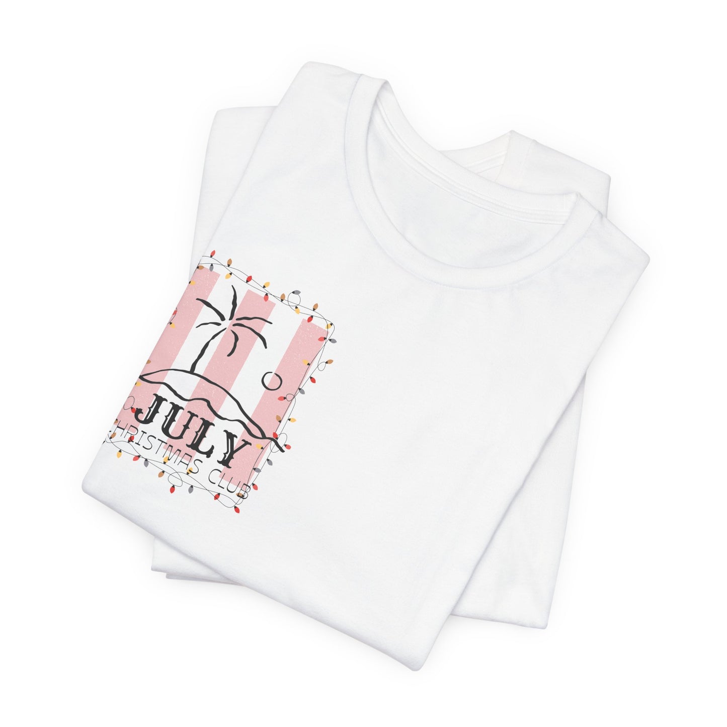 July Christmas Club — Tropical Palm & Holiday Lights Beach Shirt- FRONT AND BACK DESIGN