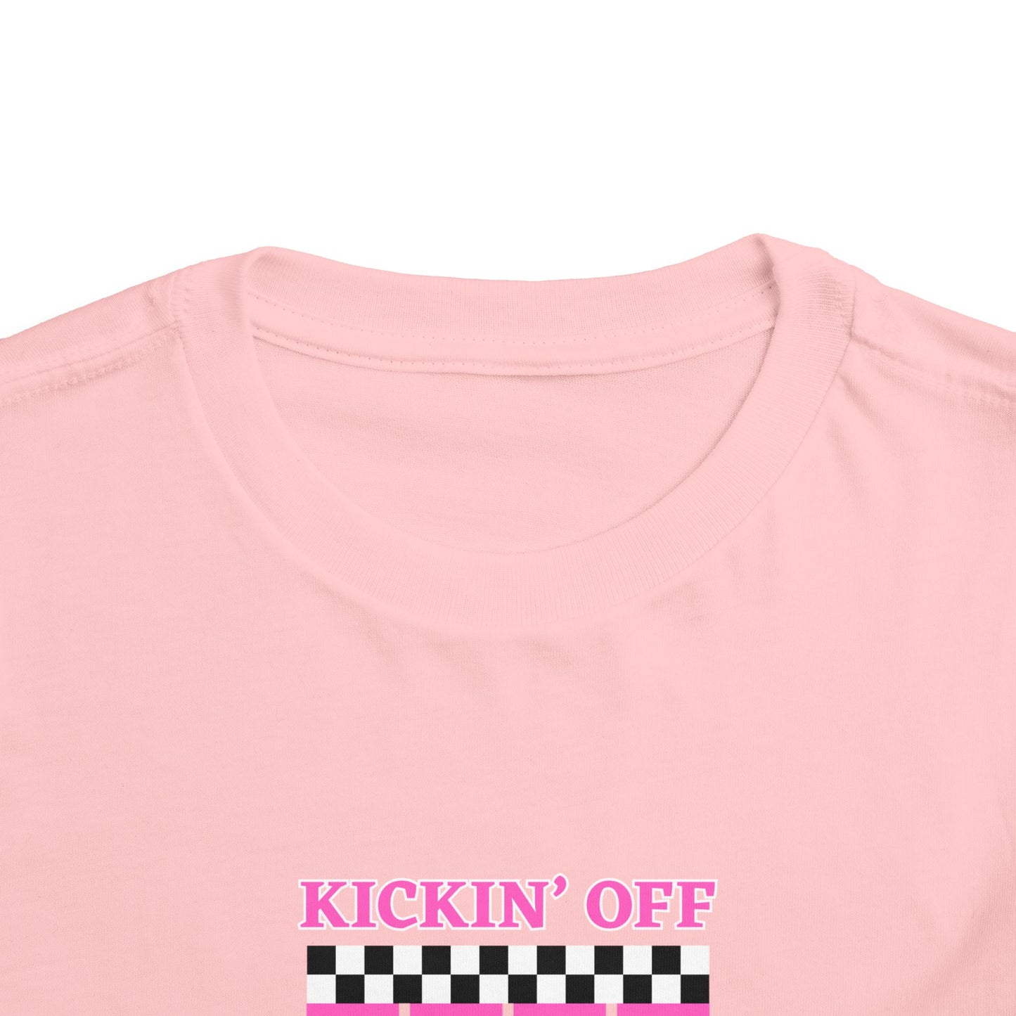 Toddler Girls Soccer Third Birthday Tee — "Kickin' Off Three Years" Pink