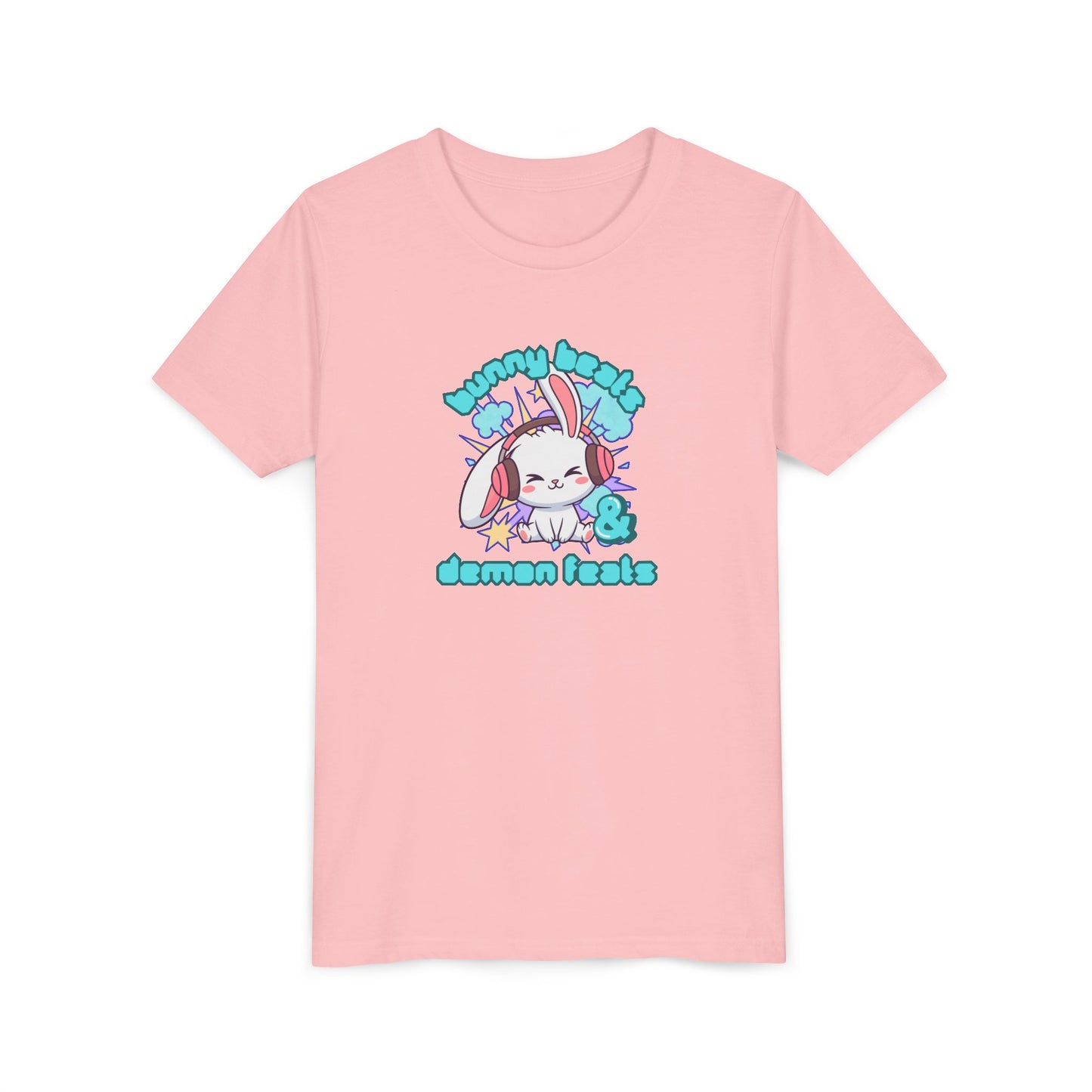 Cute Easter Bunny Headphones Graphic Tee for Young Adults- "Bunny Beats and Demon Feats" Anime K-pop Shirt