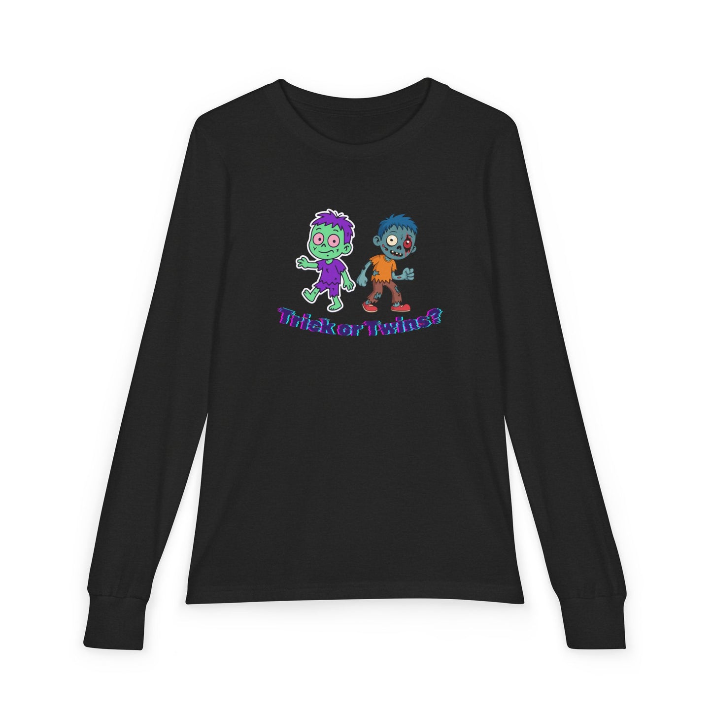 Youth Long Sleeve Tee — "Trick or Twins?" Cute Halloween Twin Zombie Graphic