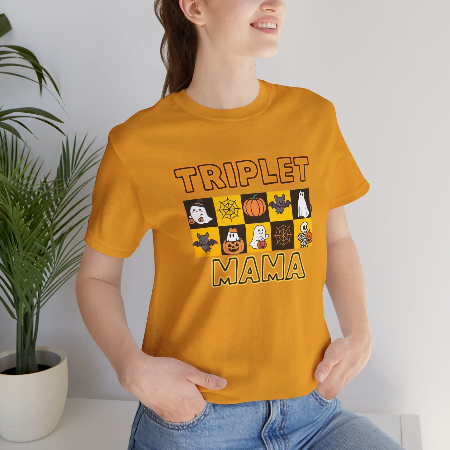 Triplet Mama Halloween Tee — Cute Spooky Mom Shirt with Ghosts & Pumpkins