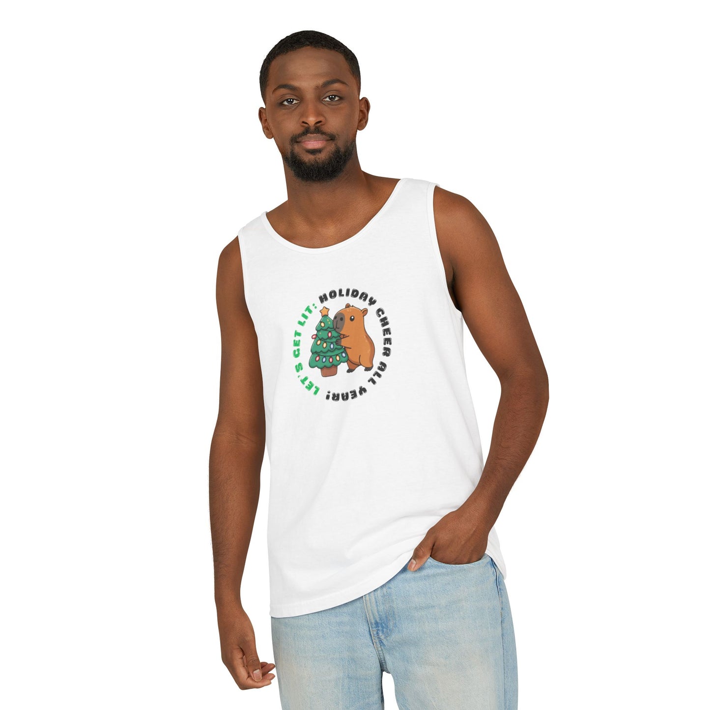Unisex Holiday Cheer Tank Top — "Get Lit" Christmas Tree & Capybara Graphic