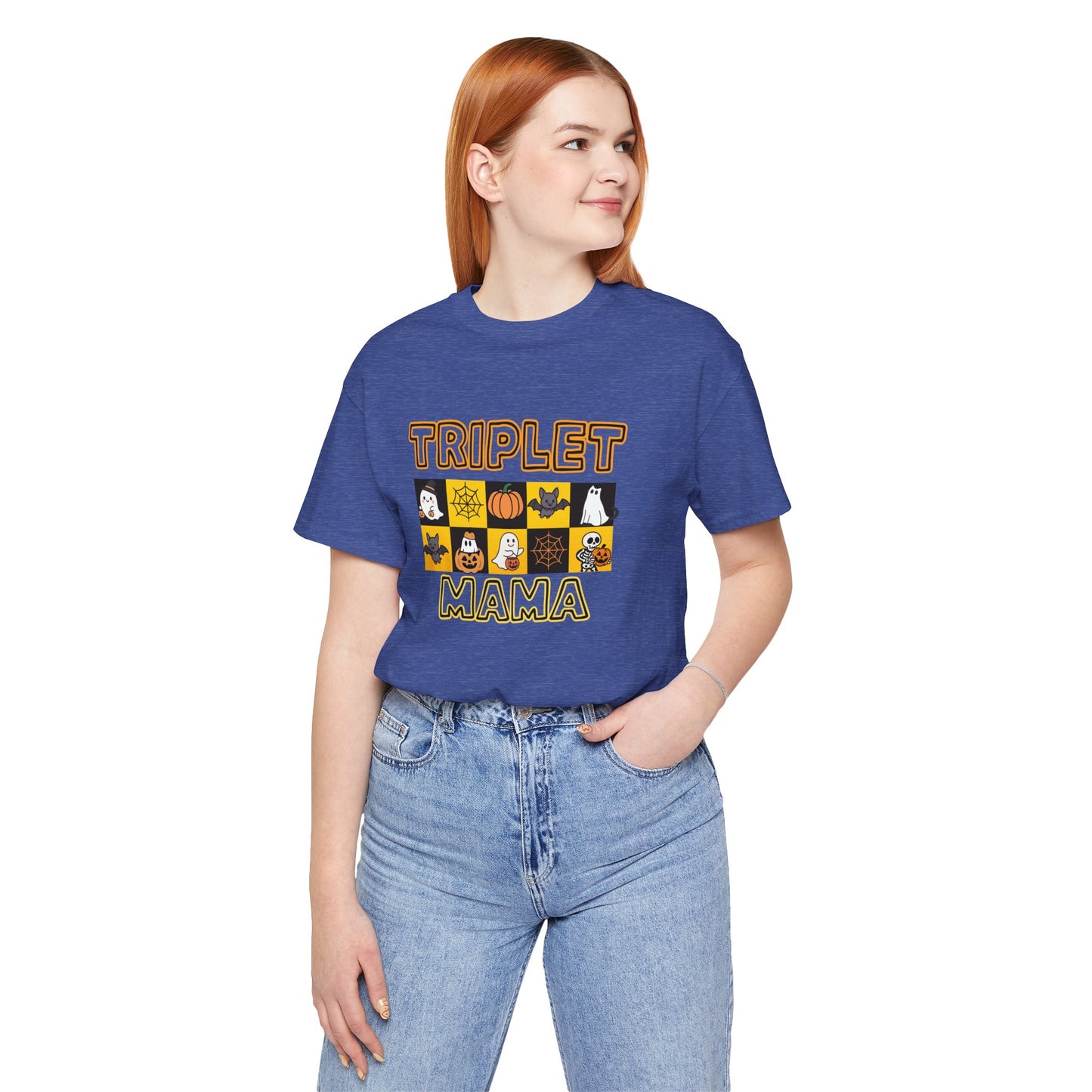 Triplet Mama Halloween Tee — Cute Spooky Mom Shirt with Ghosts & Pumpkins