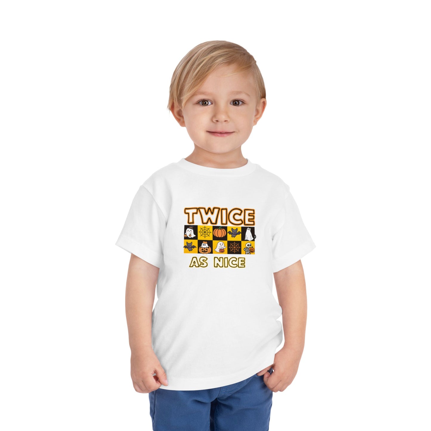Twin Toddler Halloween Shirt — "Twice As Nice" Cute Character Grid Graphic (2 to 5 years)