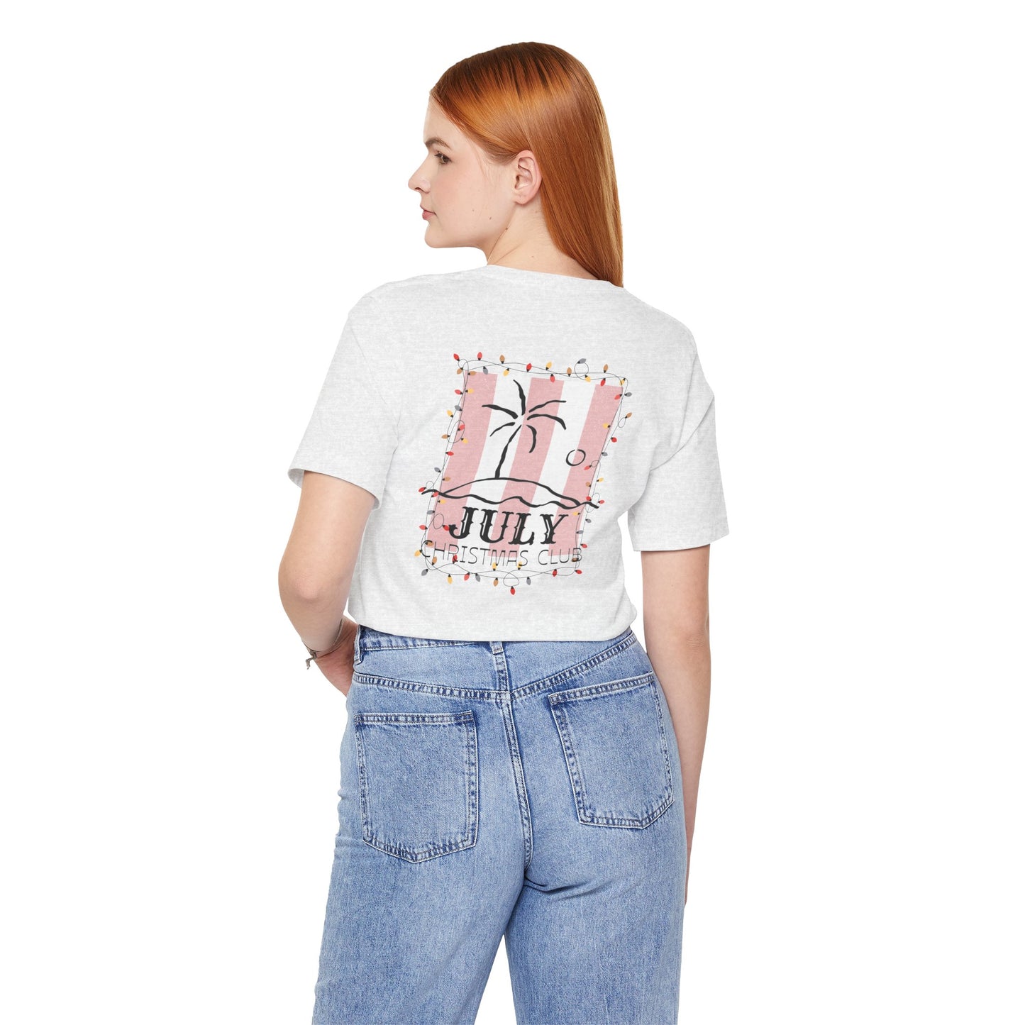 July Christmas Club — Tropical Palm & Holiday Lights Beach Shirt- FRONT AND BACK DESIGN