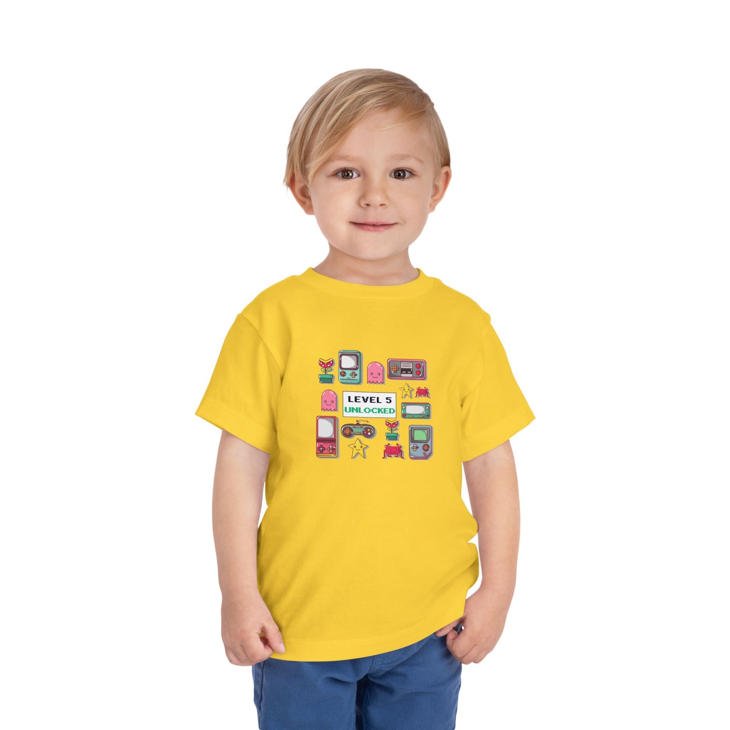 5th Birthday Tee — "Level 5 Unlocked" Retro Game Icons