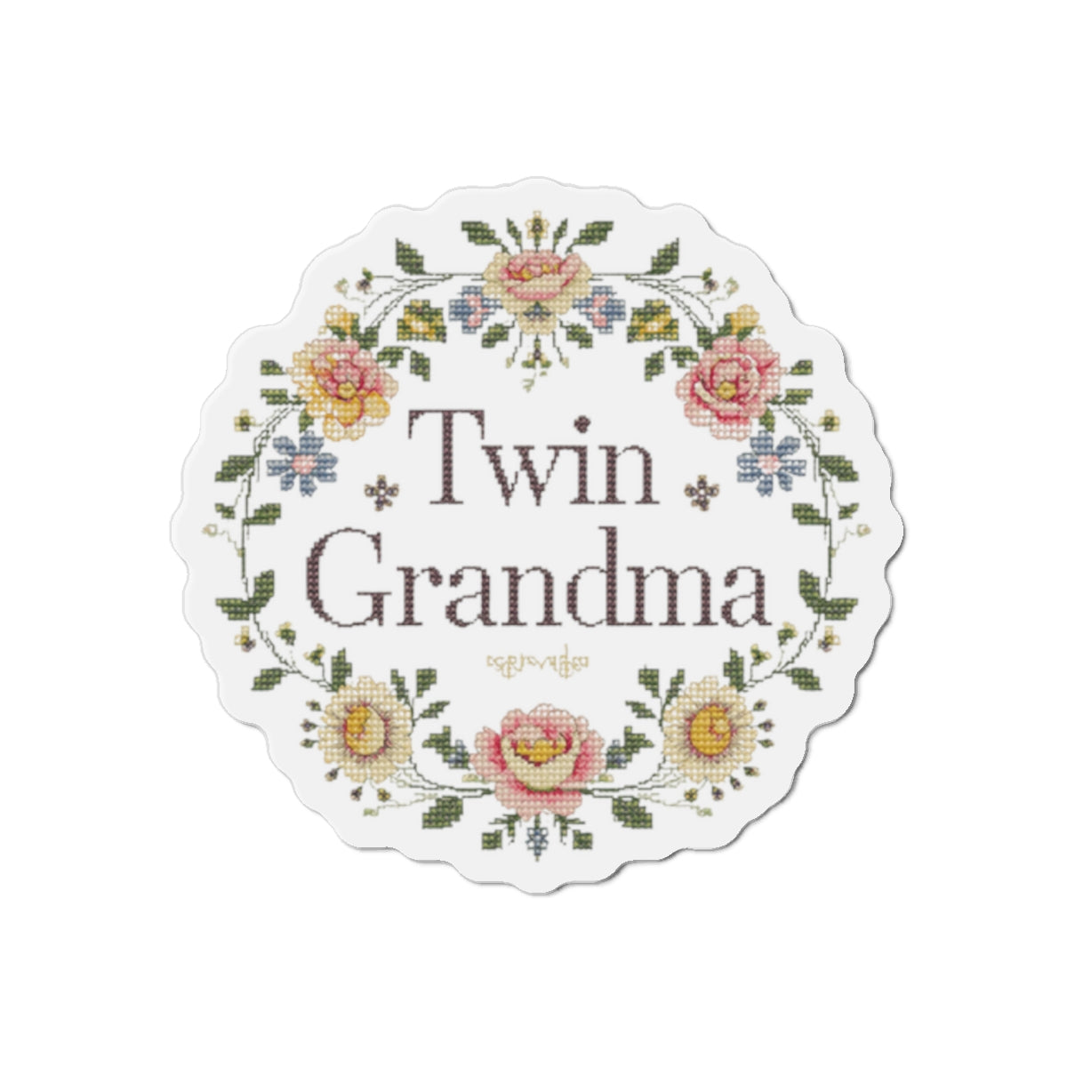 Twin Grandma- Floral Embroidery Style- Die-Cut Magnet — Vintage Rose Refrigerator Magnet