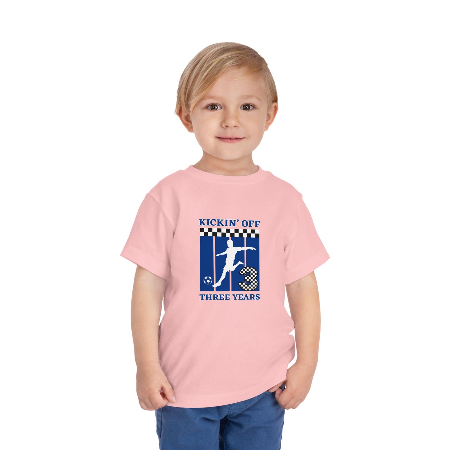 Kickin' Off Three Years Toddler Boy Tee — Soccer Third Birthday Shirt