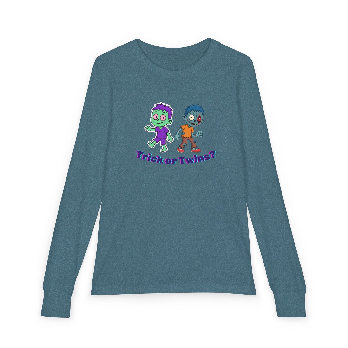 Youth Long Sleeve Tee — "Trick or Twins?" Cute Halloween Twin Zombie Graphic