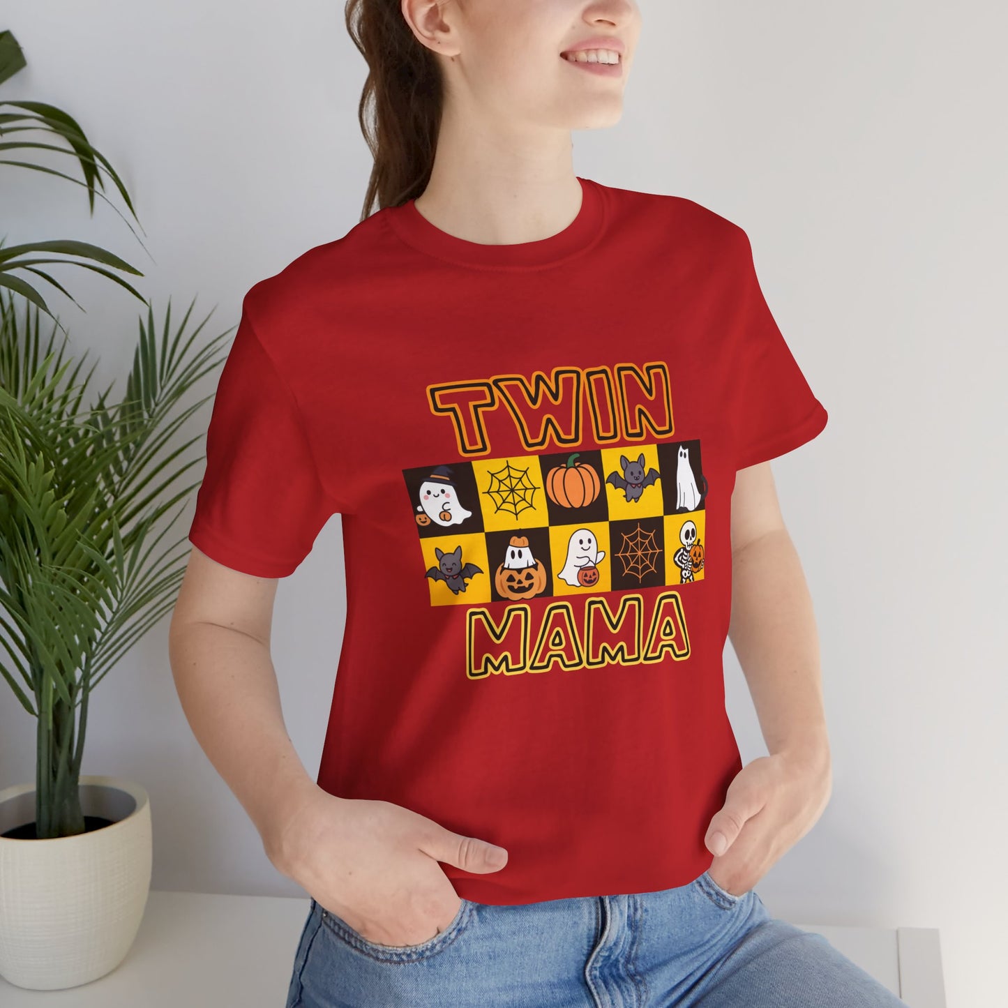 Twin Mama Halloween Tee – Cute Spooky Checkerboard Shirt for Twin Moms