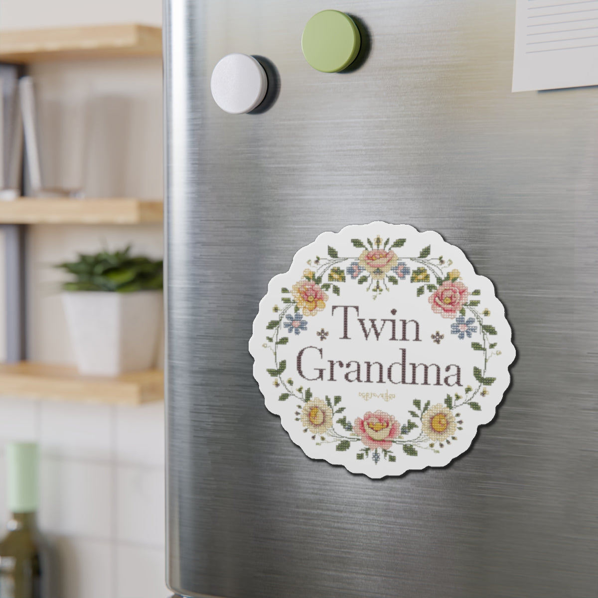 Twin Grandma- Floral Embroidery Style- Die-Cut Magnet — Vintage Rose Refrigerator Magnet