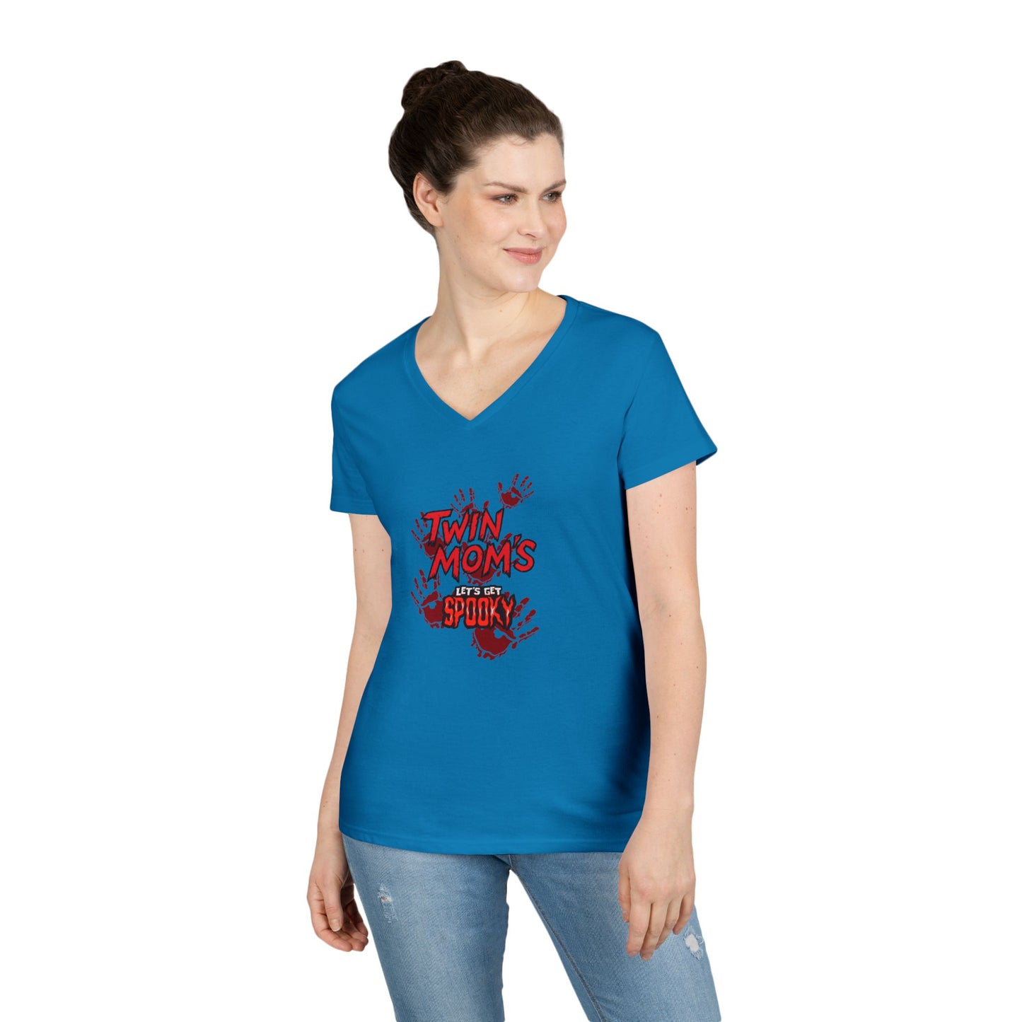 Twin Moms Get Spooky V-Neck Tee — Halloween Graphic T-Shirt for Twin Moms