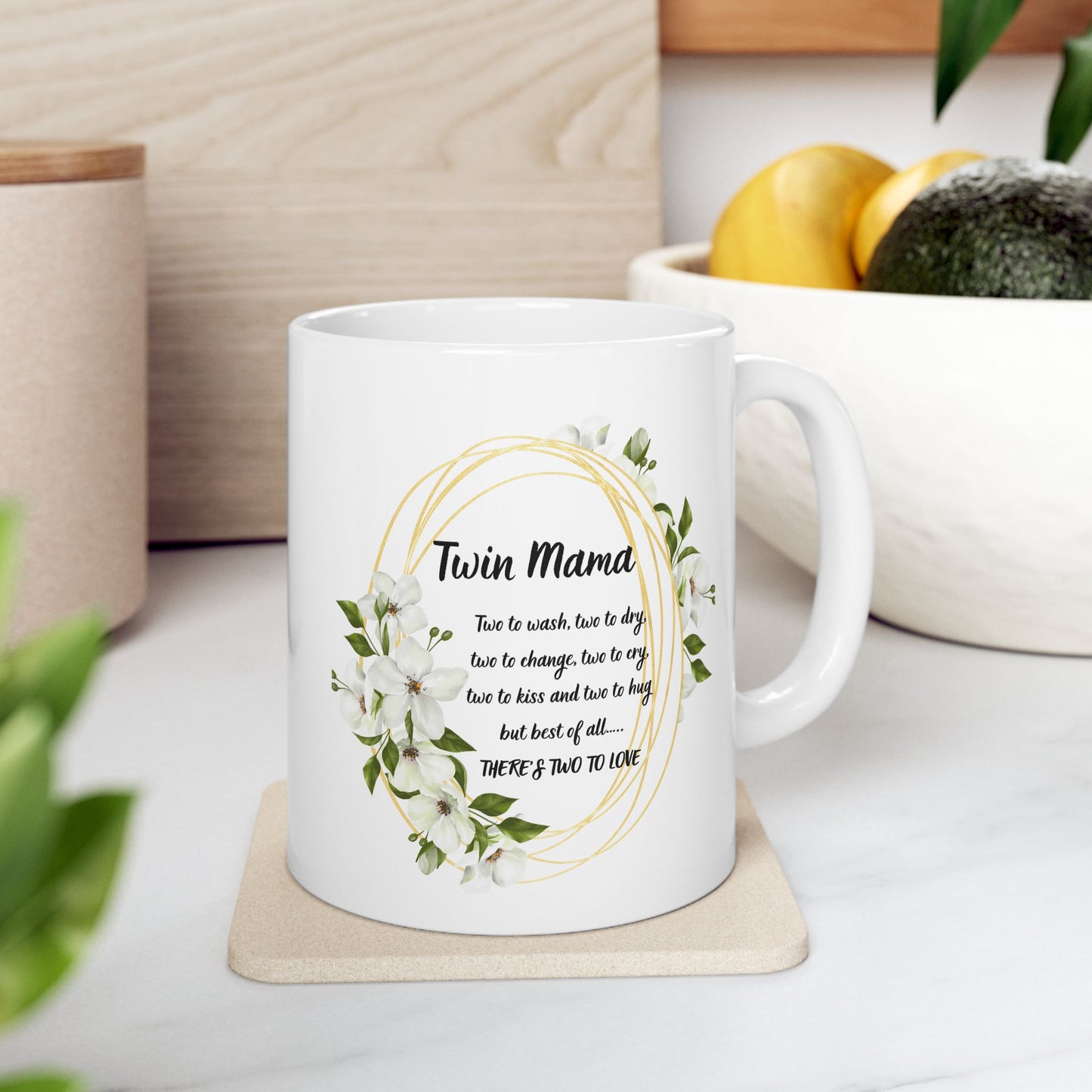 Twin Mama Floral Ceramic Mug — 'Twin Mama' Quote Coffee Cup