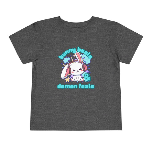 Cute Easter Bunny K-Pop Unisex kids 2-5 Year Tee — "bunny beats & demon feats" Graphic Shirt