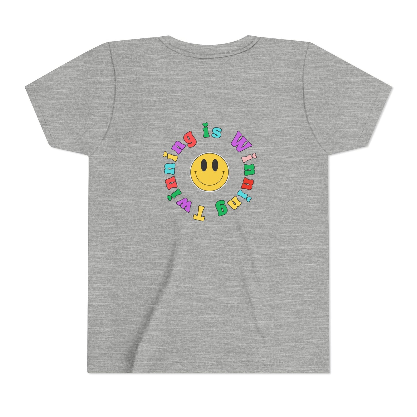 Twin Gymnastics Tee- Front and Back Retro Smiley Face Designs — 'Twinning is Winning' Rainbow