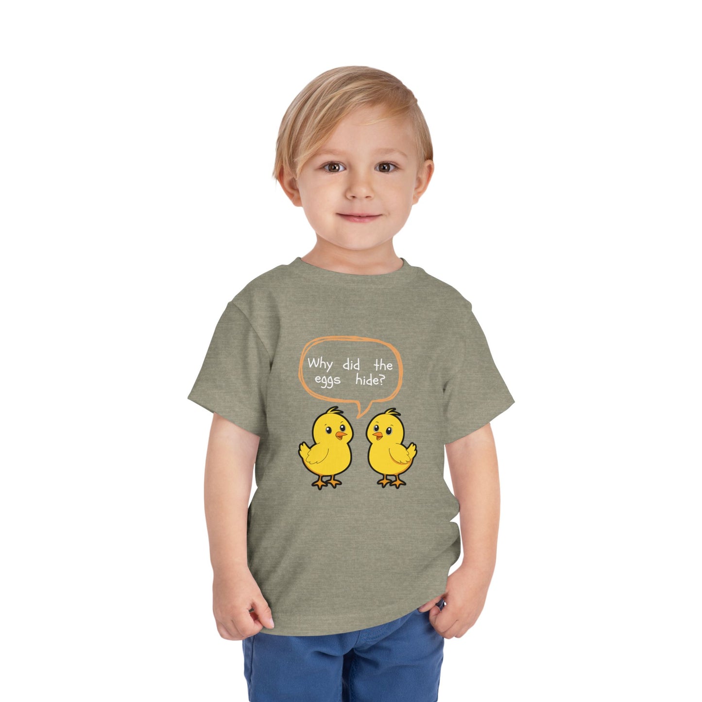 Toddler Tee — Cute Chick Joke “Why did the eggs hide?” Easter Kids Shirt