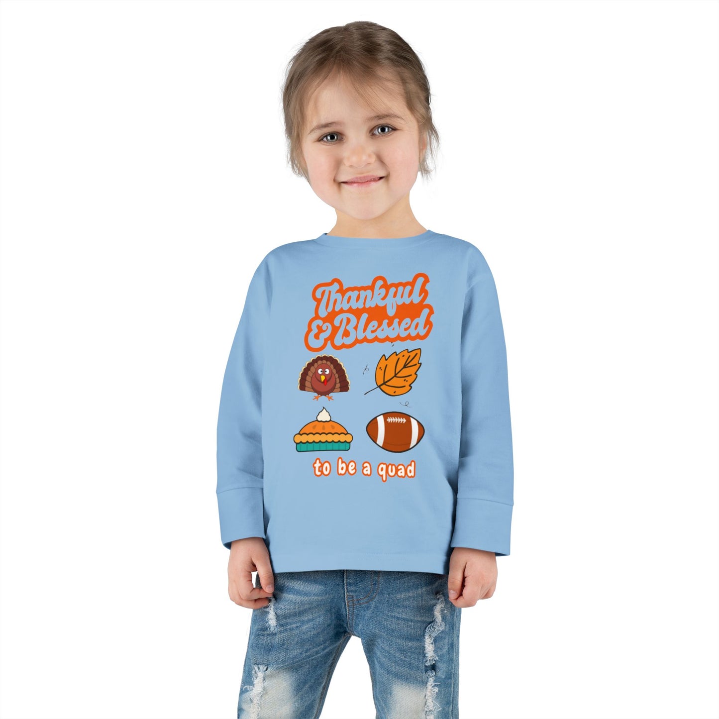 Quadruplet Long Sleeve Tee — "Thankful & Blessed" Thanksgiving Turkey Football Pie Fall Shirt