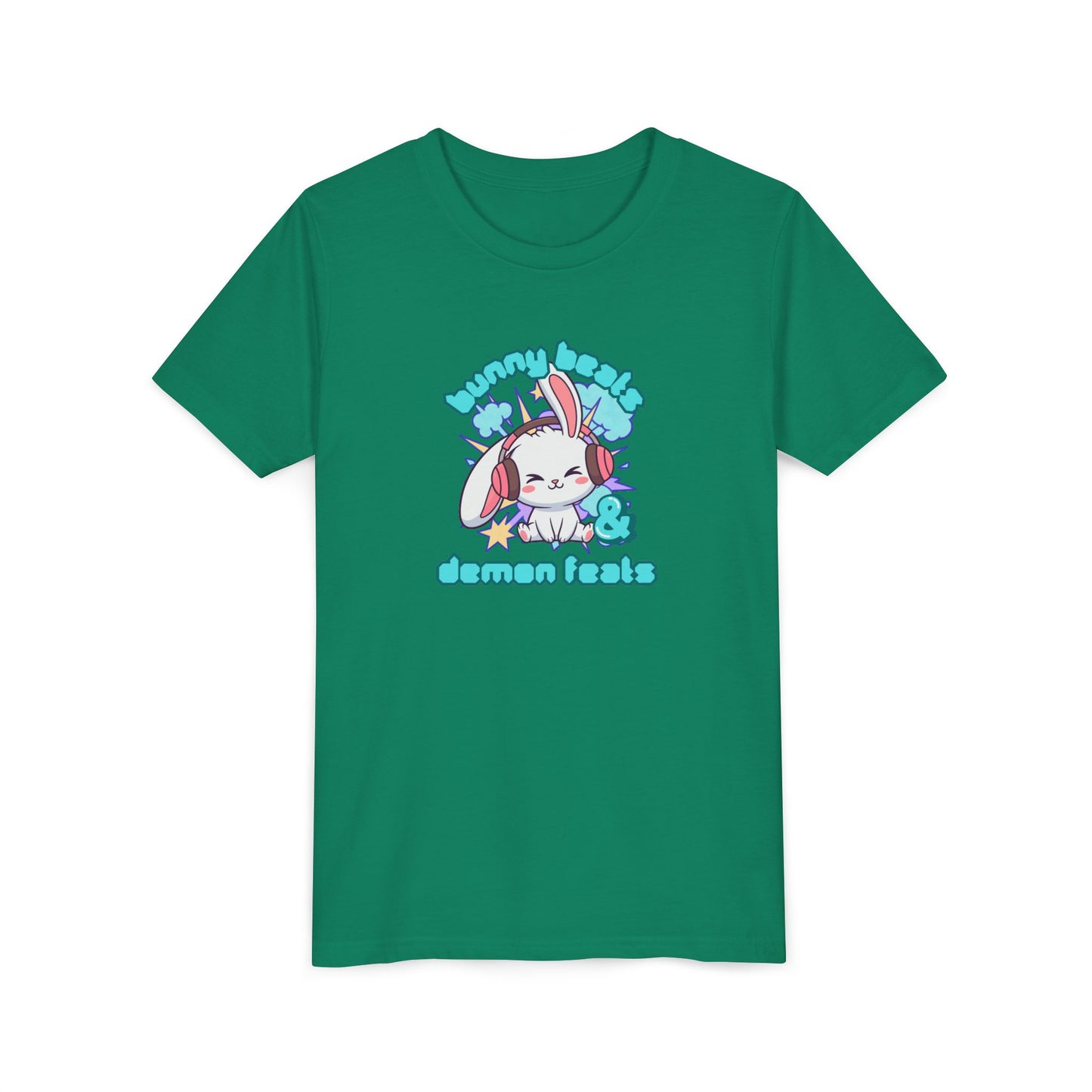 Cute Easter Bunny Headphones Graphic Tee for Young Adults- "Bunny Beats and Demon Feats" Anime K-pop Shirt