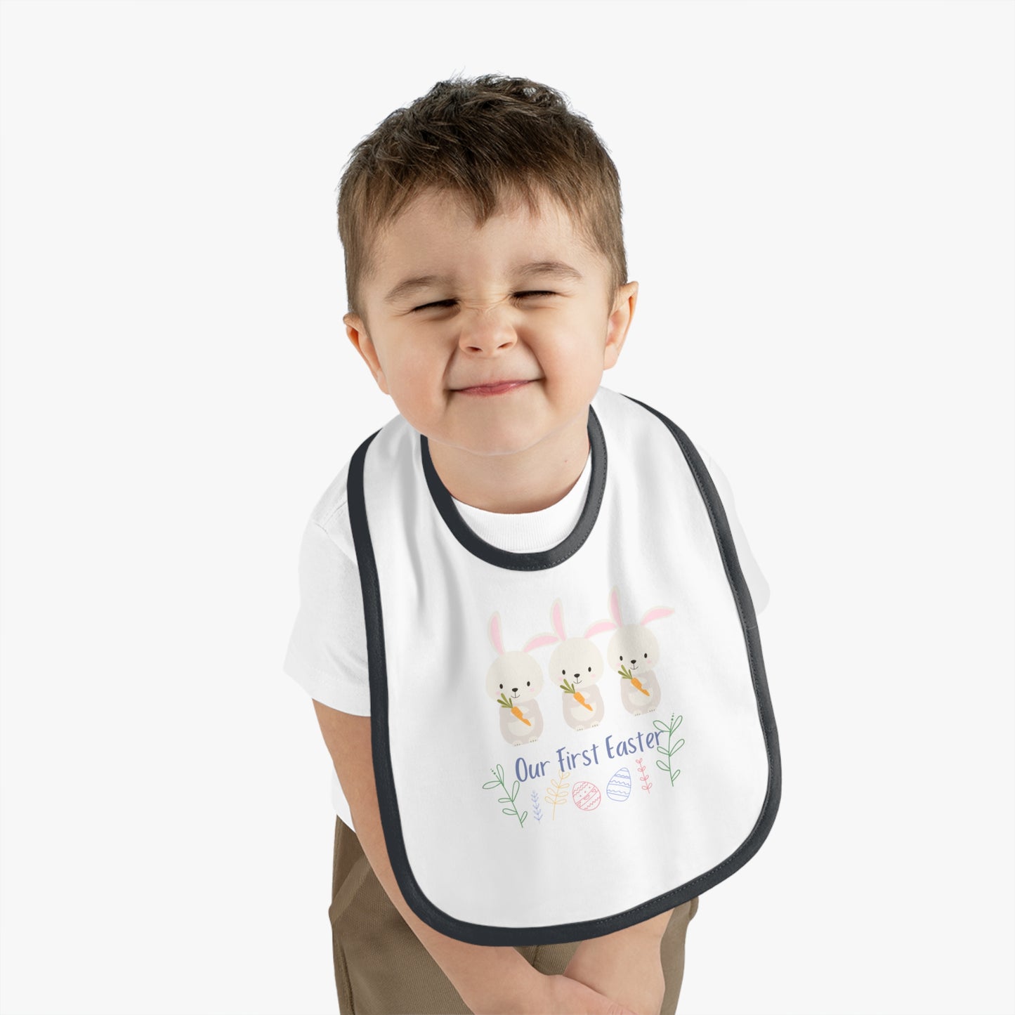 Our First Easter Triplet Baby Bib - Adorable Contrast Trim Jersey Bib for Special Celebrations