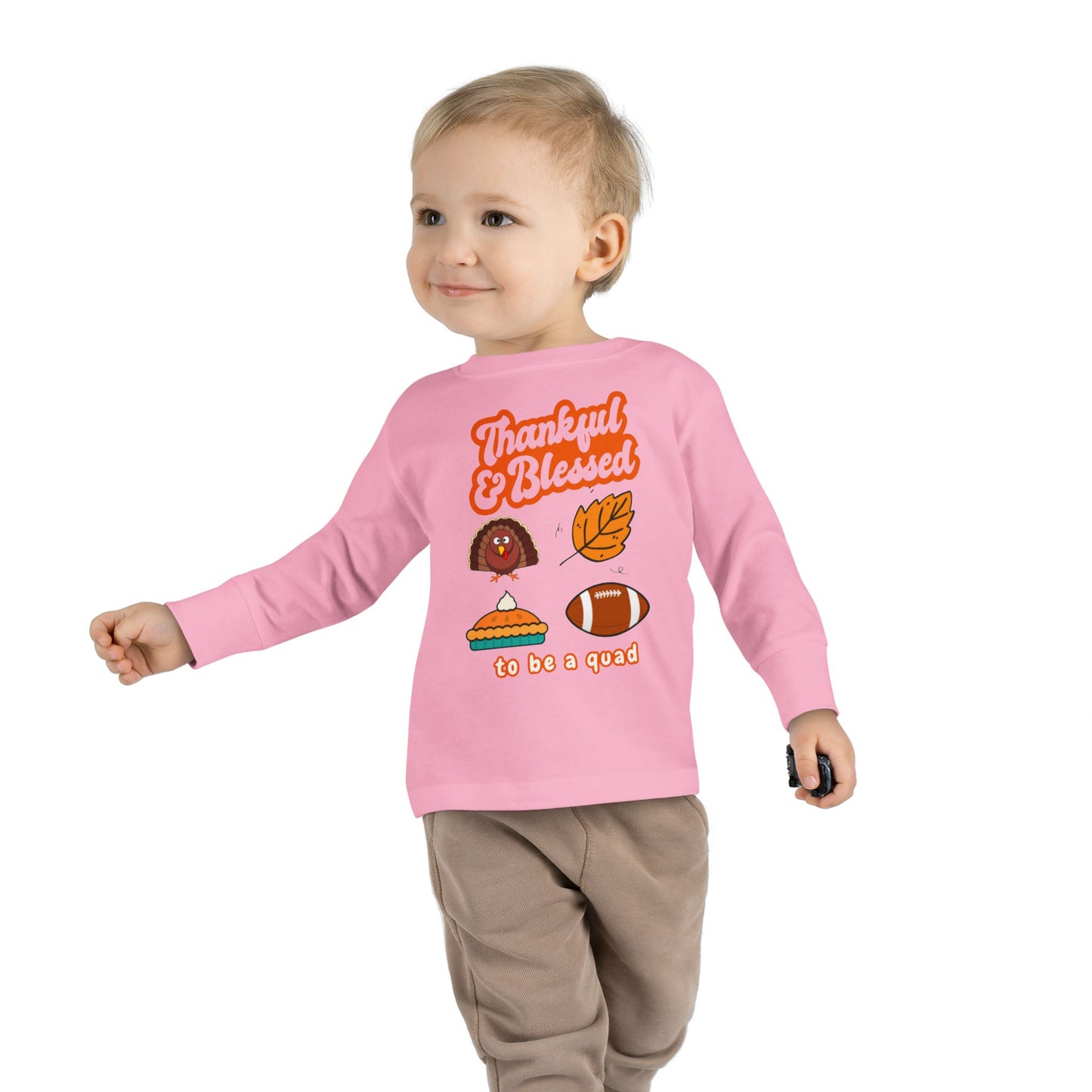 Quadruplet Long Sleeve Tee — "Thankful & Blessed" Thanksgiving Turkey Football Pie Fall Shirt