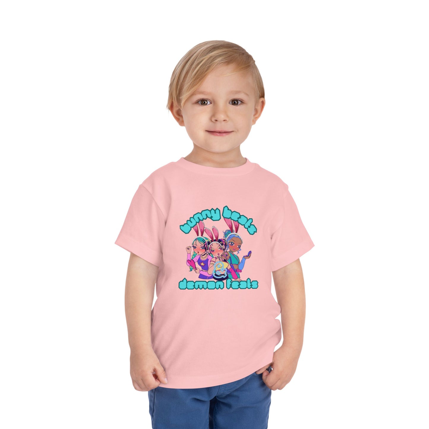 Kids 2-5 years K-Pop Anime Easter Tee - "bunny beats and demon feats" slogan